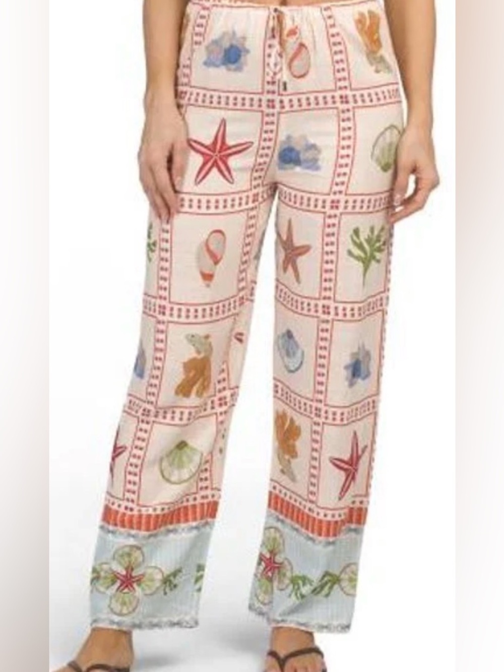 Wide-Leg Beach Print Pull-On Pants - Cream/Multi